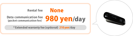 Rental fee None Data communication fee(packet communication fee) 980 yen/day * Extended warranty fee (optional) 210 yen/day
